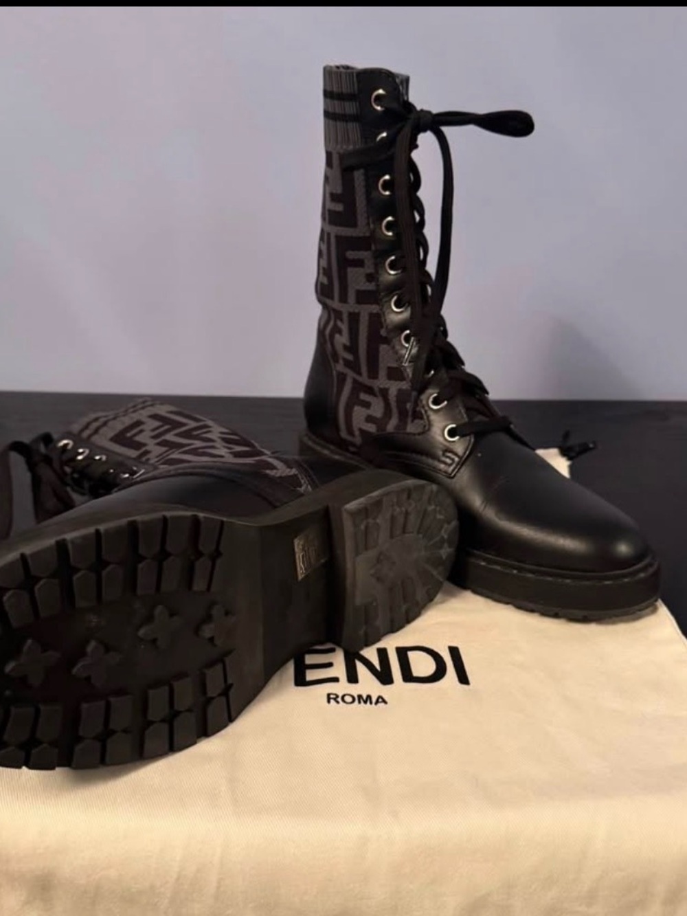 Fendi Black and Gray Knit Logo Combat Boots